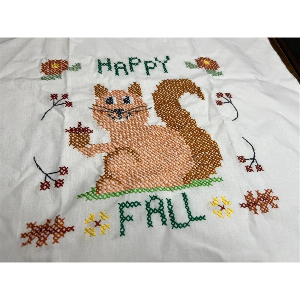 Handmade Finished Cross Stitch Towel Happy Fall Squirrel Acorns